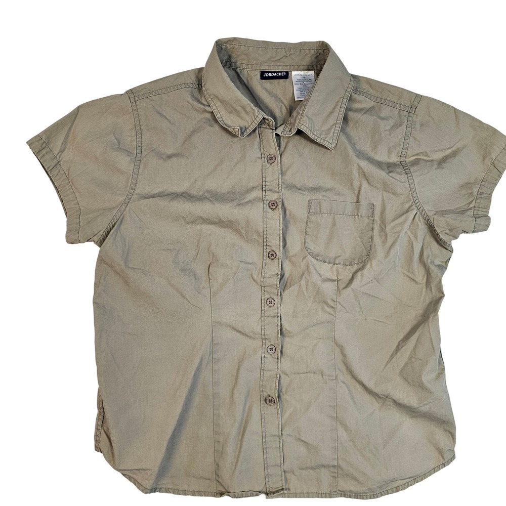 Jordache Womens XL Sage Green Cotton Button Up Short Sleeve Shirt A8771 SAC